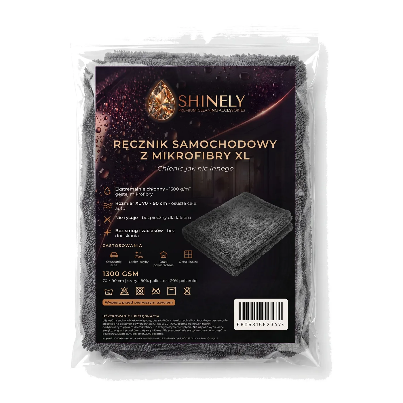 Ręcznik samochodowy z mikrofibry szary XL 70 × 90 cm, 1300 g/m², zdjęcie produktu w opakowaniu