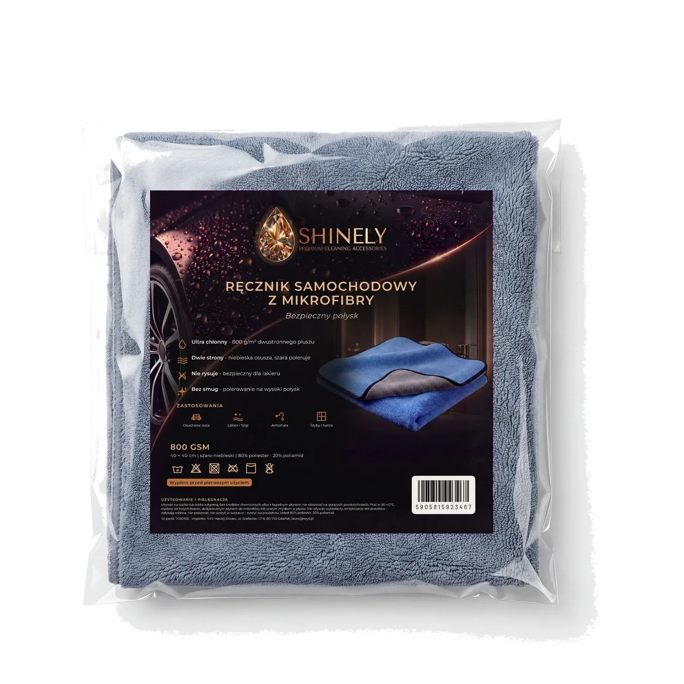 Ręcznik samochodowy z mikrofibry szaro-niebieski 40 × 40 cm, 800 g/m², zdjęcie produktu w opakowaniu