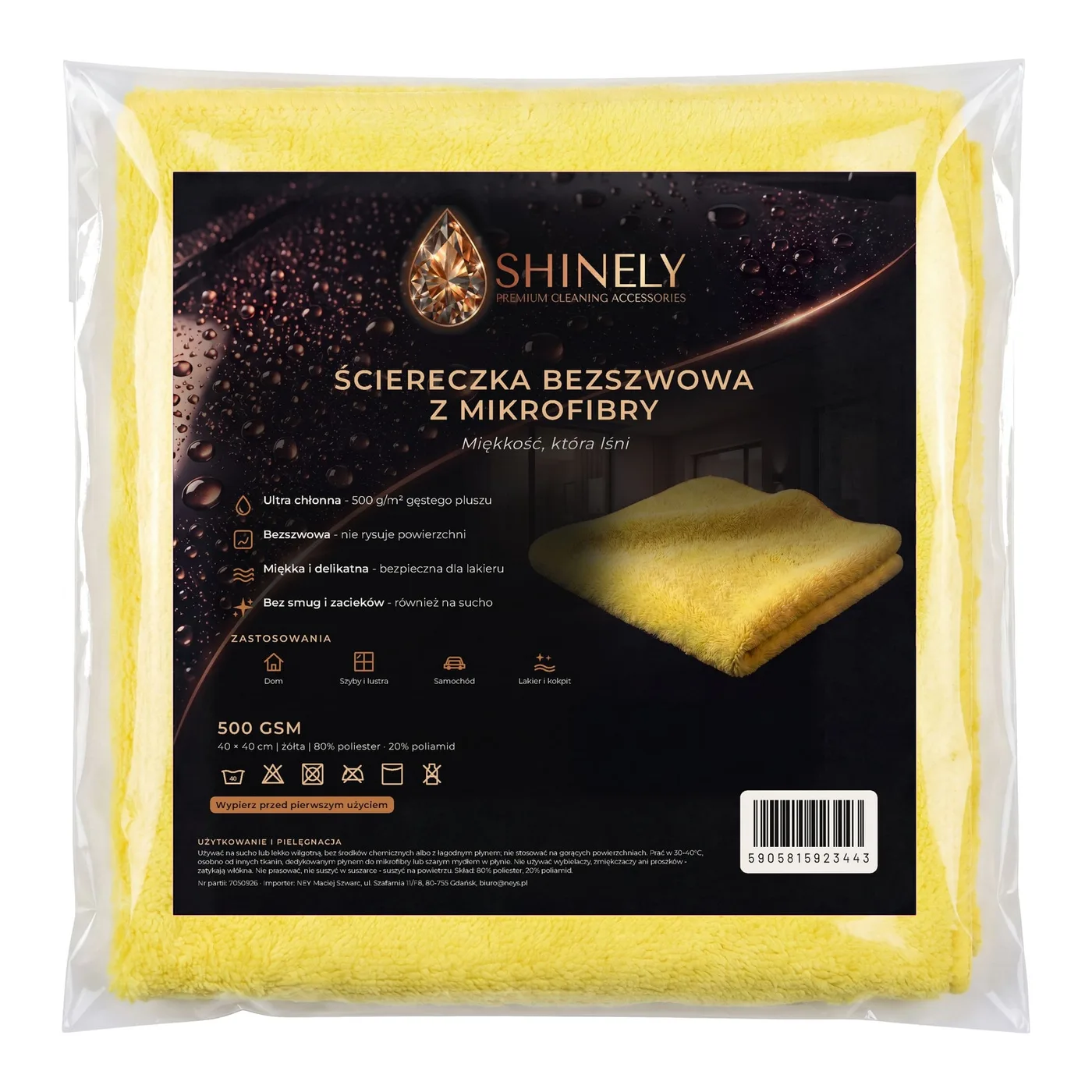 Ściereczka bezszwowa z mikrofibry żółta 40 × 40 cm, 500 g/m², zdjęcie produktu w opakowaniu